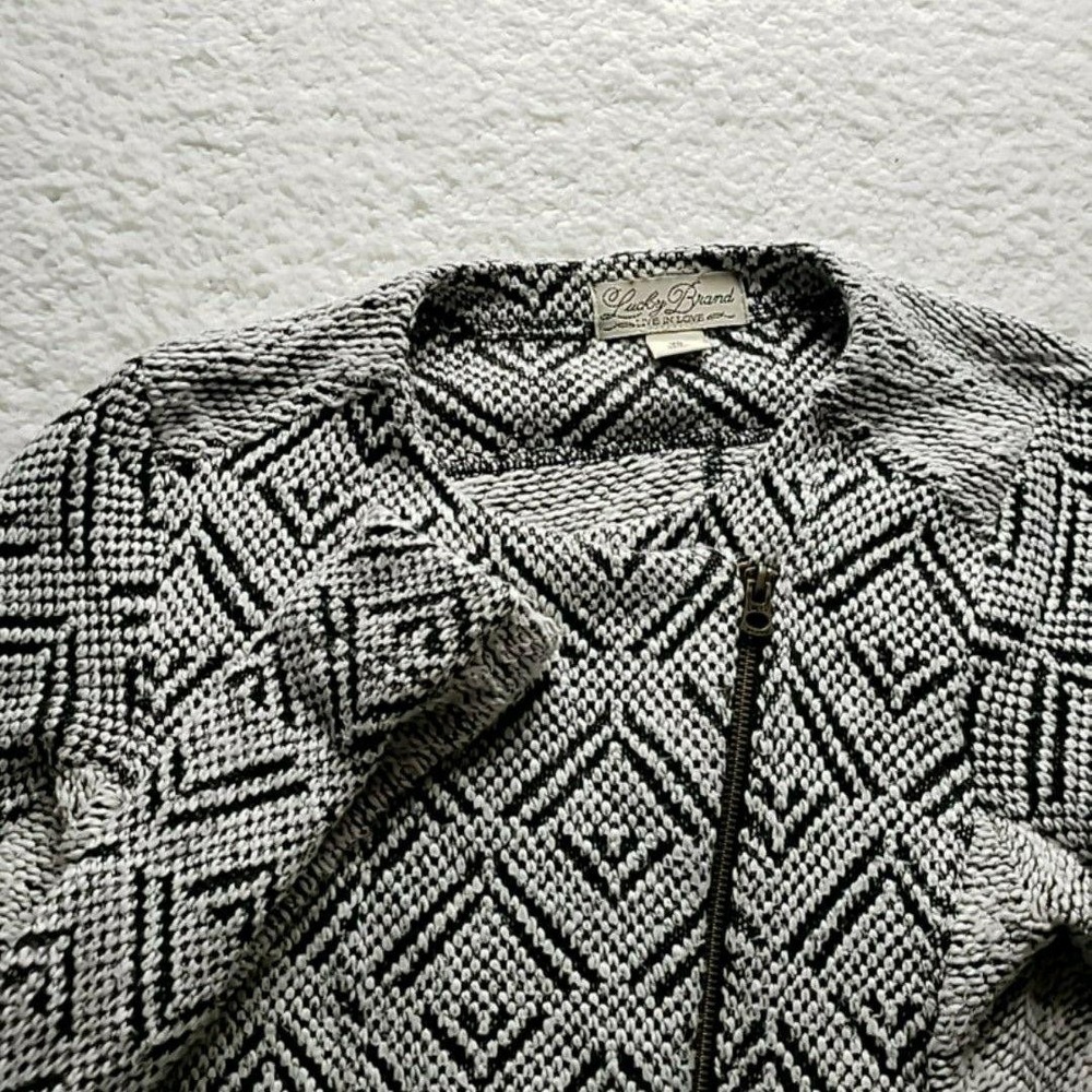 Lucky Brand Jacket Womens XS Black White Knit Geometric Full Zip Collarless